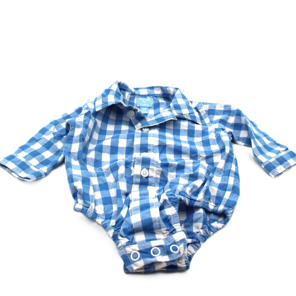THE CHILDREN'S PLACE Baby Boy's Long Sleeve Blue Plaid Button Down Romper 3-6 M